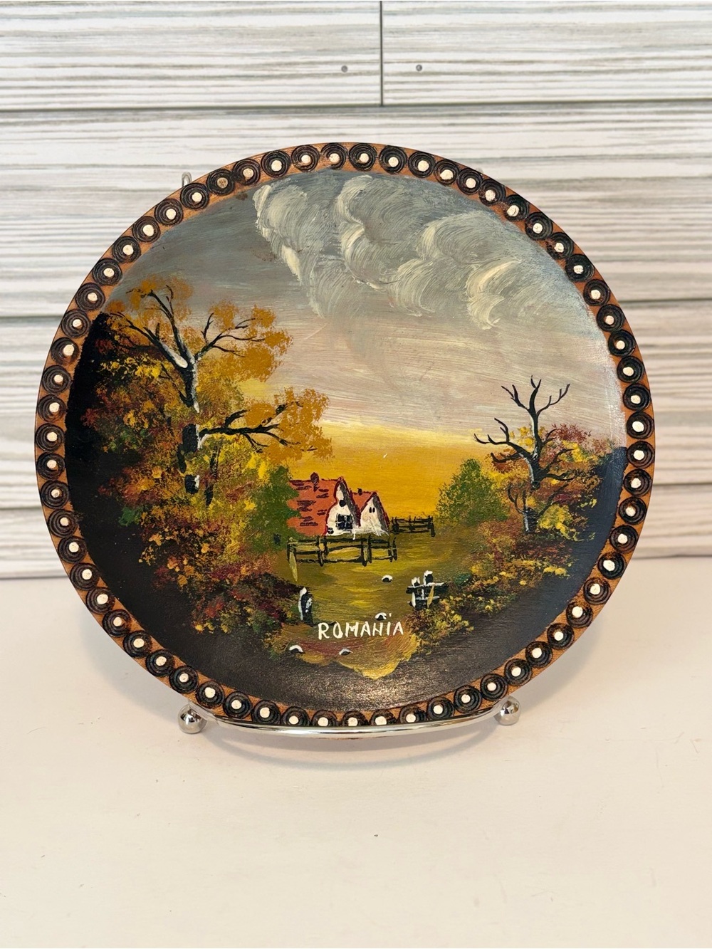Vintage Romanian Hand Painted Wooden Folk Art Plate Wall Decor Cottagecore 6.5”
